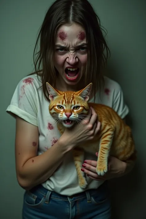 n ultra-realistic image of a 24-year-old woman with subtle signs of zombie infection, such as pale, sickly skin, faint dark veins visible under her skin, and slightly discolored eyes. She is holding a small orange cat by its neck with a tense and aggressiv...