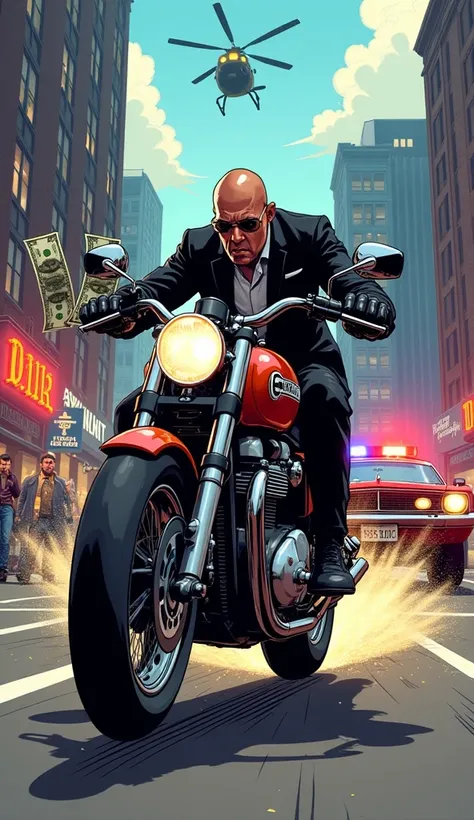 "Create a high-energy, hand-drawn illustration in the exact style of Grand Theft Auto (GTA) artwork, capturing the bold, cartoony aesthetics with gritty, vibrant tones. Use thick, dynamic outlines to define characters and vehicles, ensuring exaggerated pro...