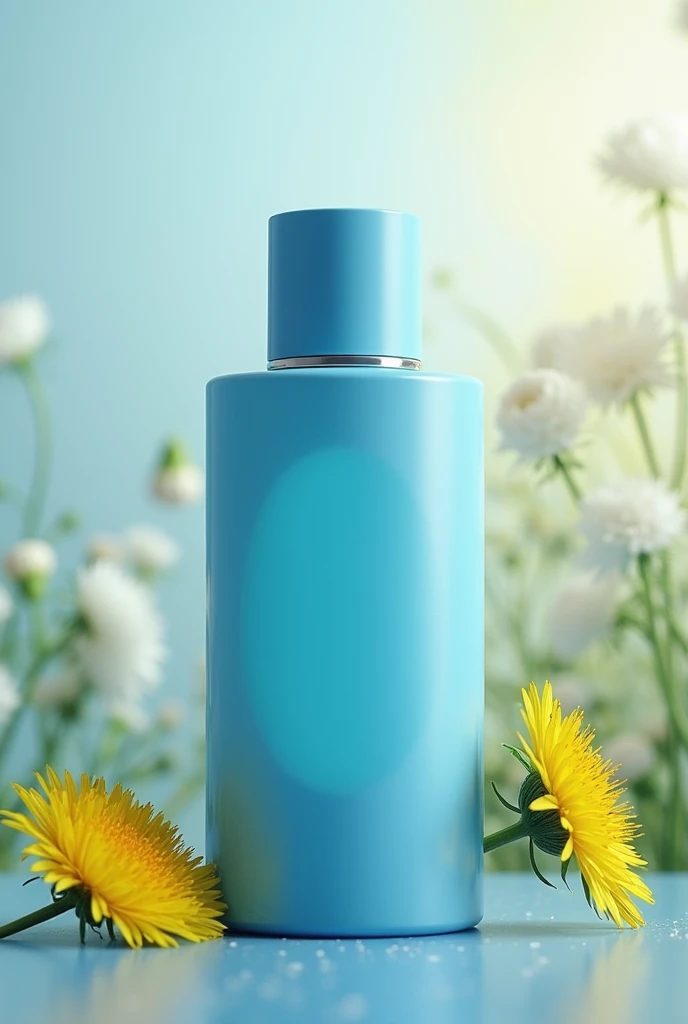 Blue cylinder shape perfume bottle with dandelion scent has a label attached to the side of the bottle.
