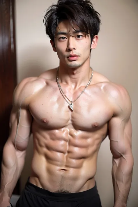 A muscular asian man with short dark hair, Shirtless, wearing a necklace, sexy posed, sexy face, looking at the camera