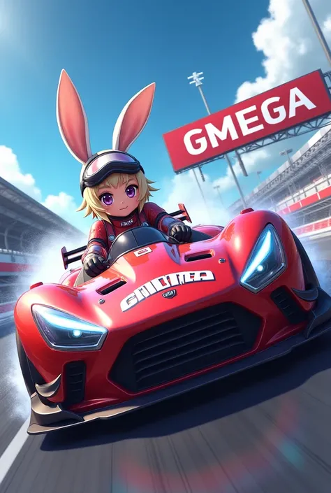 Rabbit girl on racing car with board of advertising which  on board type gmega word 