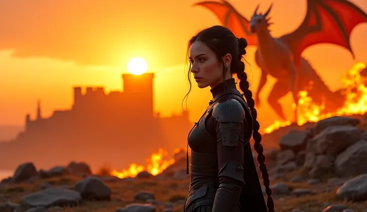 Photorealistic, human vision and cinematic shot of beautiful woman standing on the rocks, her low-cut black armor gleaming in the vibrant light of a burning sunset. Behind her, the ruins of a destroyed and burning castle and a massive dragon's silhouette l...