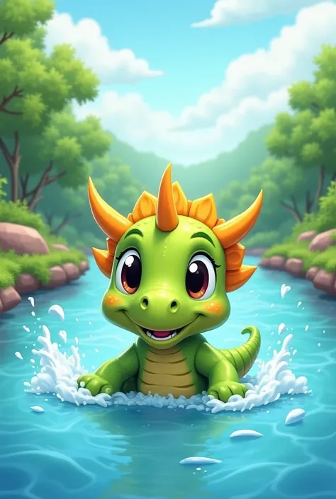 A cartoon-style baby Triceratops struggling in the middle of a river. The baby dinosaur has bright, playful colors like light green and yellow, with large, expressive eyes showing distress. The river is a flowing blue with some splashes around the dinosaur...