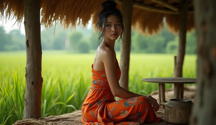 a thai woman with jaw dropping beauty wearing kemben is sitting in the hut at the rice field, smooth silky pale skin, cinematic, matte painting, highly detailed, cgsociety, hyperrealistic, striking features, model with attractive body, dynamic pose, true-t...