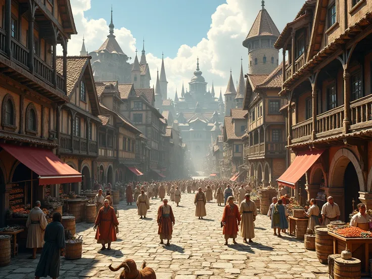 view from ground, wide open city square for traders, inside medieval European metropolis , 8k, masterpiece, medieval fantasy atmosphere, medieval appropriate items.