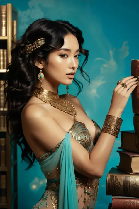 (Half-Asian, Asian-European, woman with black wavy hair in the style of a greek goddess.  bronze skin . Aphrodite, goddess, divine aura) (turquoise and bronze colors) (high contrast background) (wearing ancient jewelry on her upper arms , neck, wrists, fin...