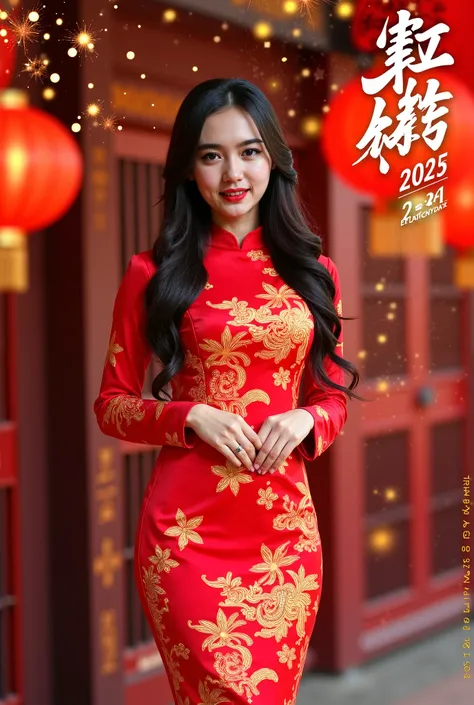  The poster shows a beautiful Asian woman in a red Chinese New Year dress with gold pattern,  with long, neatly styled hair .  The temple background decorated with lanterns , barongsai,  and fireworks creates a festive atmosphere typical of the Chinese New...