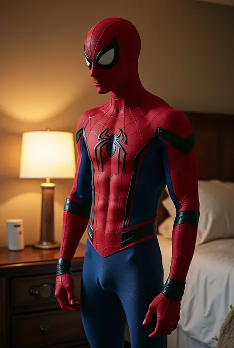 shirtless spiderman showing his dick in the bedroom and have nice body 