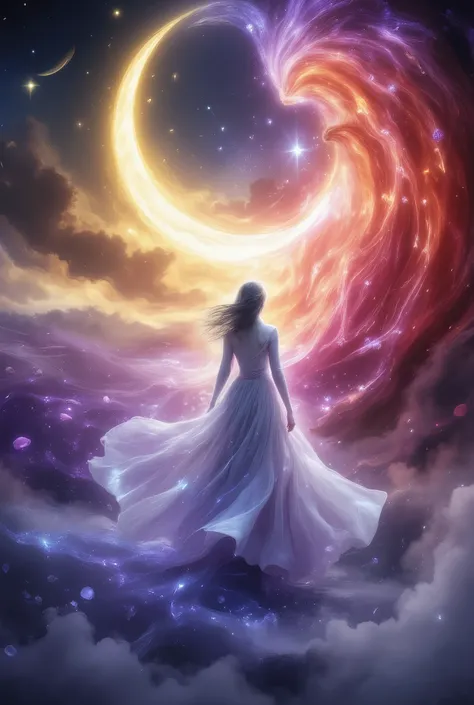 fantasy style, a snow-white purple outfit , lets through the magical mist of reddish color , her beautiful long hair develops very beautifully down the wind, flower petals circle with silver glitter , night the young moon shines in beautiful gentle yel...