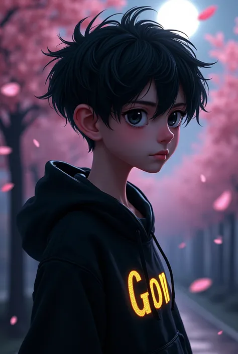  shortcuts,  black hair, Face shape、Long face, one boy, Please put Gon's name in gold on the black hoodie。Background cherry blossoms at night