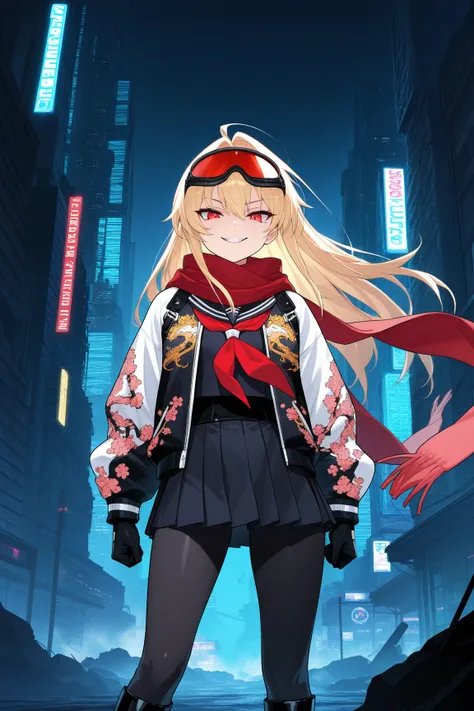 score_9, score_8_up, score_7_up, score_6_up, score_5_up, score_4_up,anime artwork masterpiece,best quality, unreal engine, ultra res, extremely detailed, One Girl,blonde hair,long hair,biker goggles on head,black sailor suit,Red sailor scarf,black micro pl...