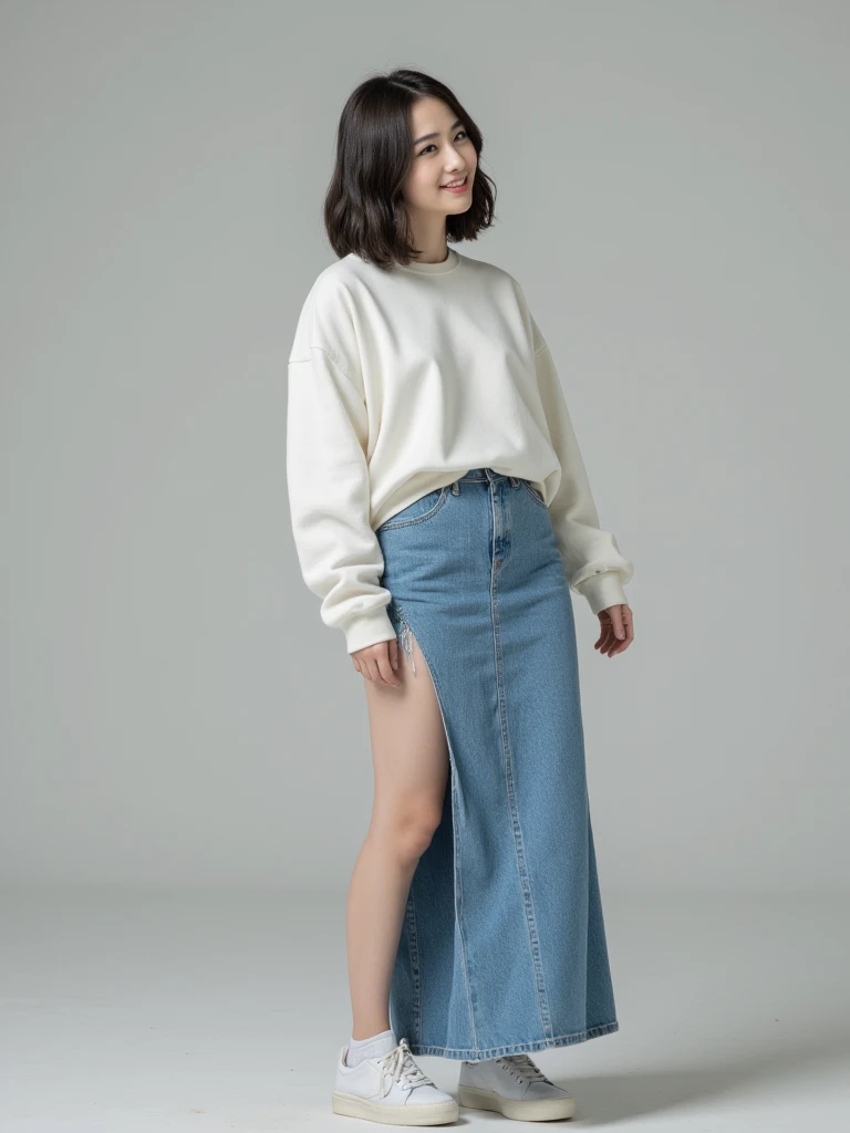 Japanese beautiful young woman, wearing a sweat, wearing a jeans long skirt, natural makeup, wearing white sneakers, beautiful raw legs from the short slit of skirt, smiling, big breasts,lying,from above,black bob,