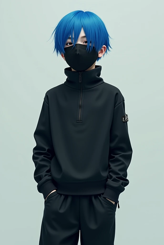 One boy stand wear black mask and white tshirt with blue hair