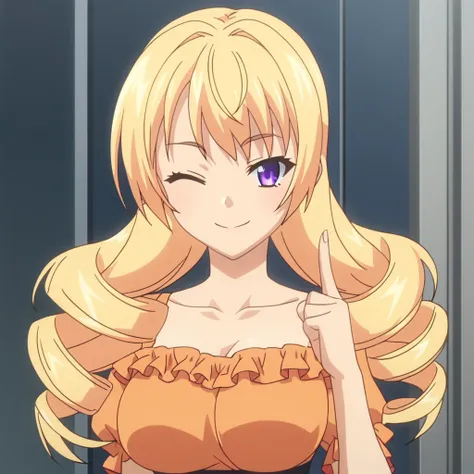 score_9, score_8_up, score_7_up, source_anime, rating_safe, intricate details, official style, anime screencap, 1girl, solo, riko, blonde hair, purple eyes, hair over shoulders, drill hair, twin drills, large breasts, orange shirt, frilled shirt, black fri...