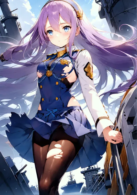 (warship girls r\),((Best quality)),((Ultra-detailed)),((illustration)),((frilled)),(1 girl),(Solo), 1girl, blue eyes, long hair, Purple hair color, pantyhose, solo, torn clothes, legwear, shirt, skirt, very long hair, black legwear, legwear, military, whi...