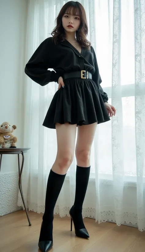 ((full body,low angle shot))、(masterpiece、 top quality、 top quality)、((( live action)))、 cute Japanese girl 、1 person、(( black high waist micro mini length circular mini skirt、 black thigh high socks sitting on a wooden desk、 high heels))、 standing、In fron...