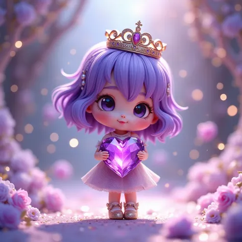 purple shorthair girl with big eyes wearing a crown、(Chibi 1.4)、 glitter、I'm holding a big amethyst jewel with a heart in my hand、3d、 glitter背景