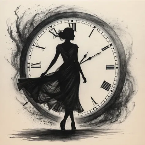 Charcoal drawing, black pencil drawing, pencil drawing, line drawing, black and white drawing, graphic drawing, tinted paper,
A cosmic black monochrome image of a silhouette of a woman resolutely walking against the flow of time, represented by a clock tha...