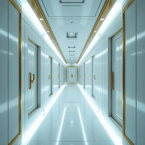 Hallway of a luxurious bunker with white and gold walls and blue lighting 