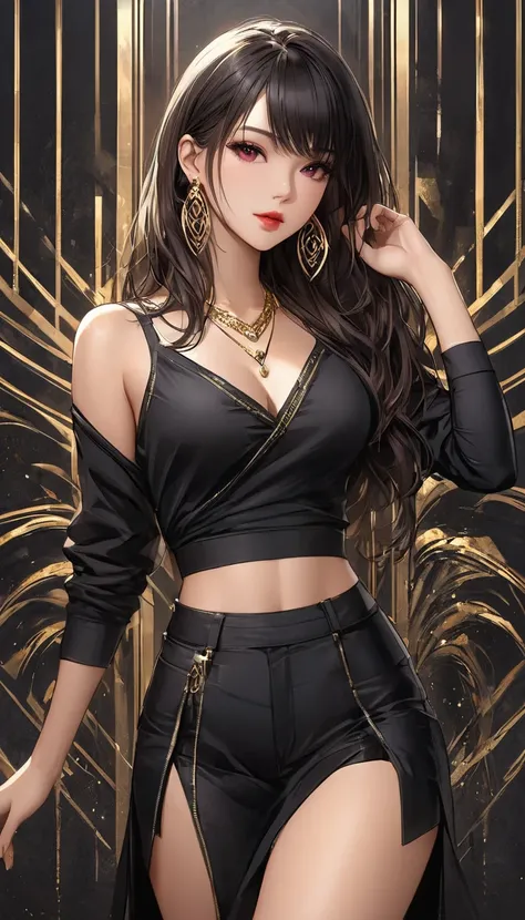 Neo-noir futuristic art style, full body view, semi-realistic anime-style of a woman, aged 23. Her long, sleek dark hair flows freely over her shoulders, eartucked hair, enhancing her effortlessly alluring appearance. Her warm tan skin with a golden undert...