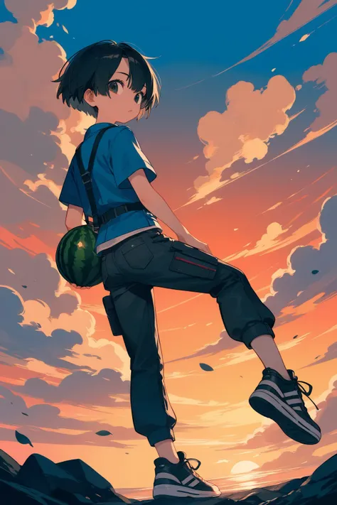 anime、You are a watermelon king、 girl 、14-year-old Japanese female junior high school student, alone, Bad mood, sunset sky, (((asymmetrical short hair, black hair))), blue jacket, white shirt, short sleeves and hem, black sneakers, ((Black cargo pants)), h...