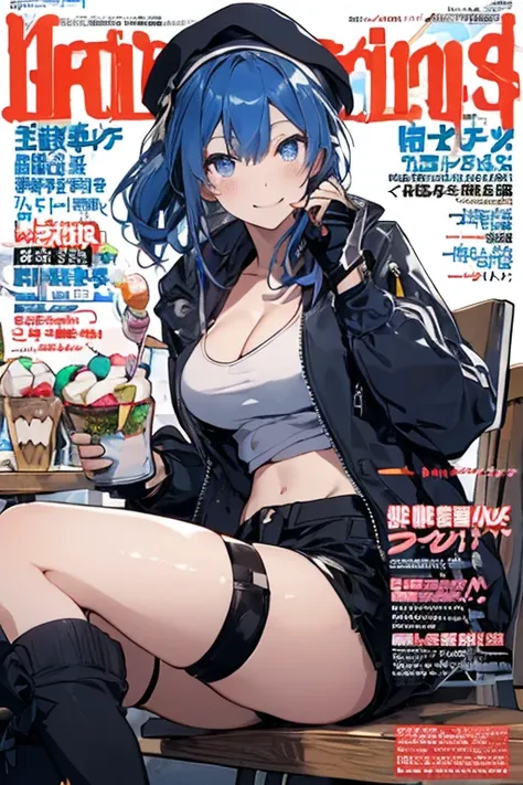 (from below:1.2),(from side:0.9), ((cute Face)), (Close-Up:0.6), ((looking at viewer, holding a icecream)),(Italian sweets magazine cover:1.4), highest quality、(real、photorealistic:1.5),(ultra high resolution,dark blue hair,long hair,side ponytail,hair bet...