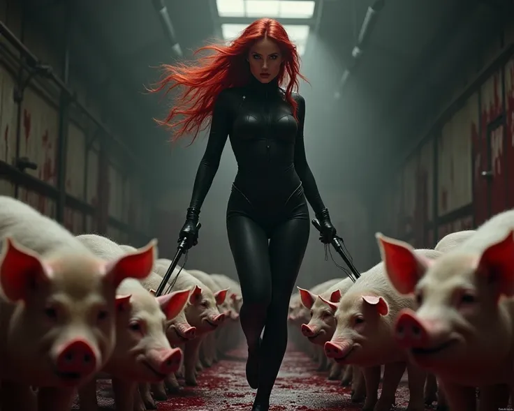 Sexy black widow butchering pigs 