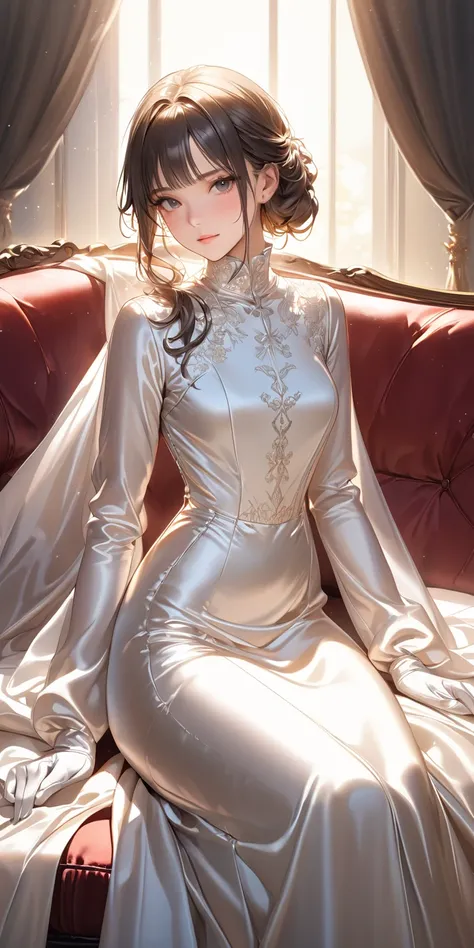  full body photo、 portrait、(Masterpiece, top quality,  super high resolution ), extremely detailed CG , Japanese woman,(( beautiful face)),((Long sleeve long dress made of shiny white silk satin))、((The dress has a simple design with no embellishments and ...