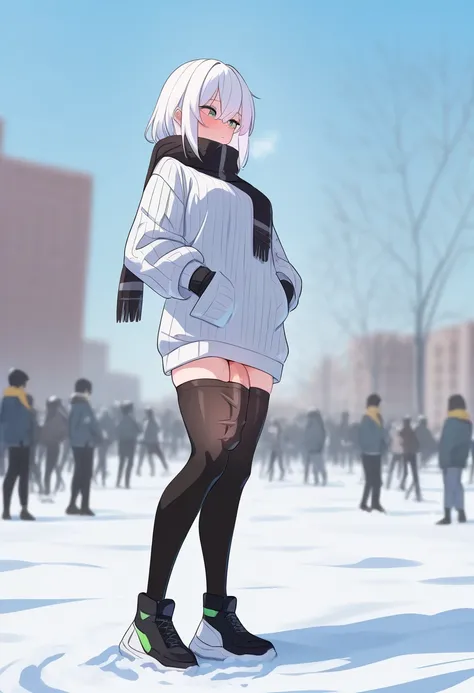 masterpiece, best quality, newest, absurdres, highres, anime coloring, 
ppinth, thighhighs, penis in thighhighs, penis, 
crowd, 
white hair, turtleneck, baggy clothes, white sweater, medium breasts, scarf, ribbed sweater, gloves, snow, outdoors, shoes, car...