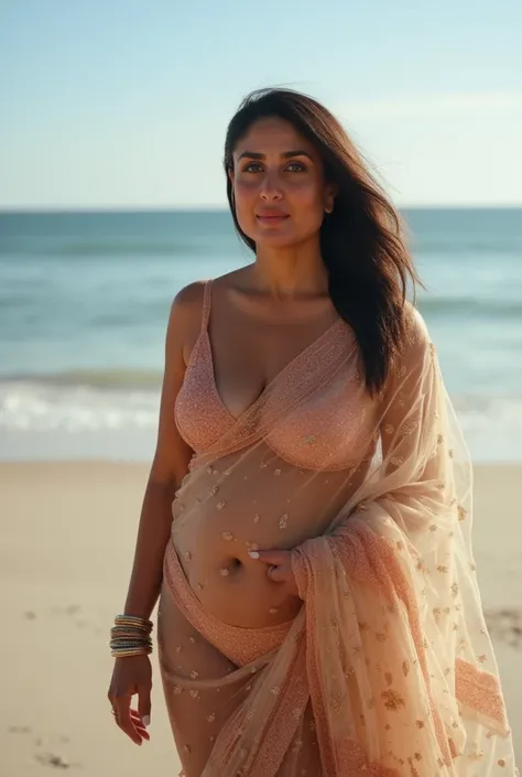 Photo of  Voluptuous Indian Aunty with dusky skin, Wearing low cut casual and transparent saree showing small boobs Breasts, Standing at a beach, showing her her boobs to her husband  standing in front of her