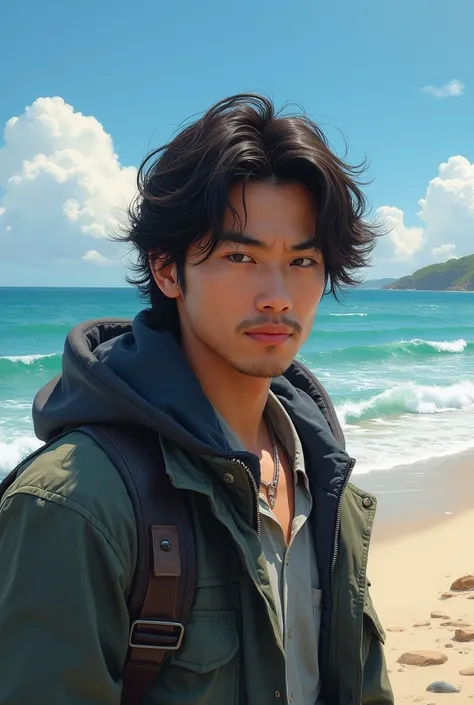 Master painting, master digital painting, oil digital painting, panaromic of sea beach, a macho handsome japanese man with stylish hoodie jaket and wavy shoulder hair, rough canvas