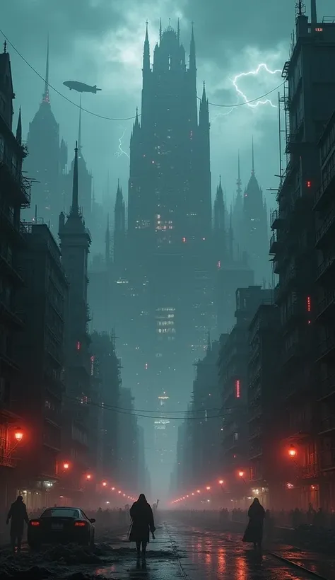 A vast, sprawling megacity stretching beyond the horizon, shrouded in eternal twilight. Towering gothic skyscrapers pierce the storm-heavy sky, their jagged spires crowned with crimson warning lights. Bridges of steel and glass crisscross the sky, connecti...