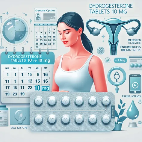 "An educational medical illustration featuring Dydrogesterone Tablets IP 10 mg. The image includes a blister pack of tablets prominently displayed, accompanied by visual elements representing its uses: a calendar for menstrual cycle regulation, a uterus di...