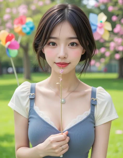 ( Profile of a super cute Korean female college student having fun blowing windmills:1.2)(Grinning,smile:1.1)( I'm happy:1.1)(16k,  RAW photos ,  top quality, masterpiece: 1.2),(A cute bun hairstyle with shiny black hair)  more details,  Super Resolution, ...