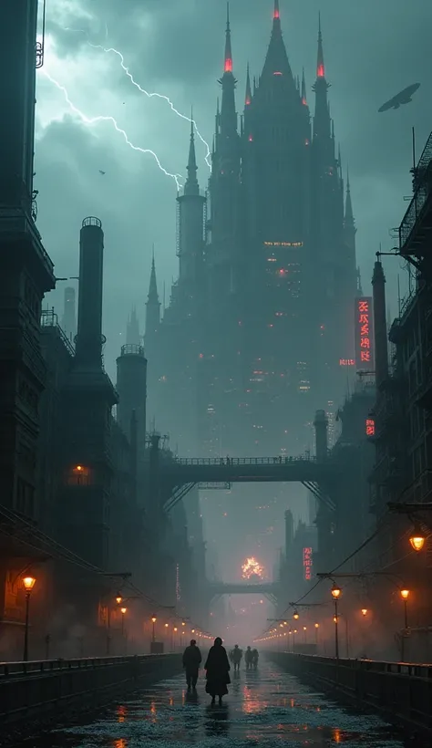 A vast, sprawling megacity stretching beyond the horizon, shrouded in eternal twilight. Towering gothic skyscrapers pierce the storm-heavy sky, their jagged spires crowned with crimson warning lights. Bridges of steel and glass crisscross the sky, connecti...