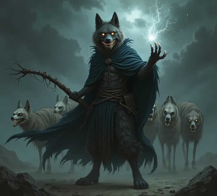 Create a furry Hyena Necromancer with a magic wand and a cape with a gloomy background with Sculldogs I'm the background in Magic the Gathering Still