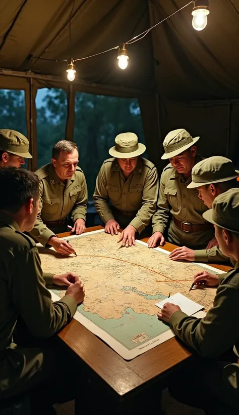 A detailed scene inside a British command tent, where a group of officers in khaki uniforms and tropical helmets are gathered around a large map spread across a wooden table. The officers, with serious expressions, are discussing the details of Operation M...