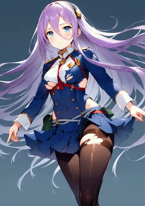 (warship girls r\),((Best quality)),((Ultra-detailed)),((illustration)),((frilled)),(1 girl),(Solo), 1girl, blue eyes, long hair, Purple hair color, pantyhose, solo, torn clothes, legwear, shirt, skirt, very long hair, black legwear, legwear, military, whi...