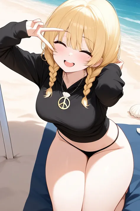  Beautiful girl, blonde hair braids,  happy smiling, white shell necklace,  black sweatshirt , black thong panties, peace symbol with both hands ,  on the beach,  medium breasts ,  big thighs 