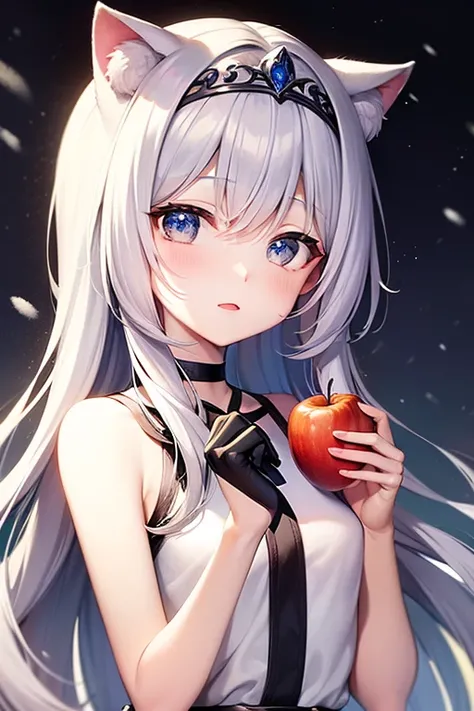  top quality,   super high resolution,(( cute middle school girl)),( small tits),Cat ears、 Silver Hair, grey eyes、snow white、 tiara 、An apple in one hand