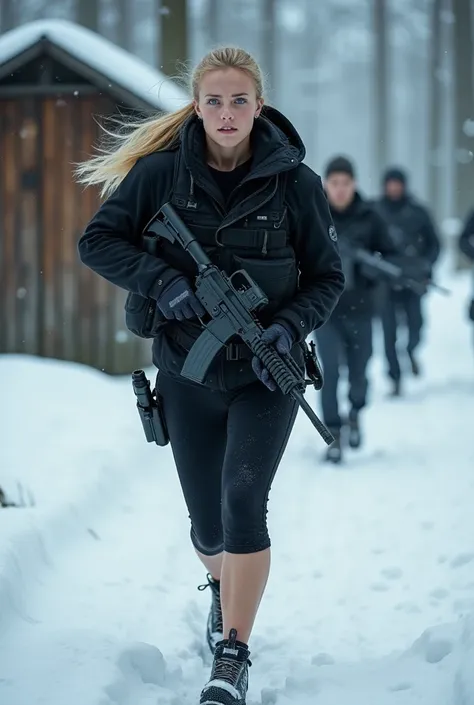 8k, top-quality, high resolution, full body, lifelike, european woman, age 20, blond hair, blue eyes, Female SWAT team member, chasing the criminal, desparate face, running in the forest in the mountains near abandoned hut, snowing, freezing,pale white ski...