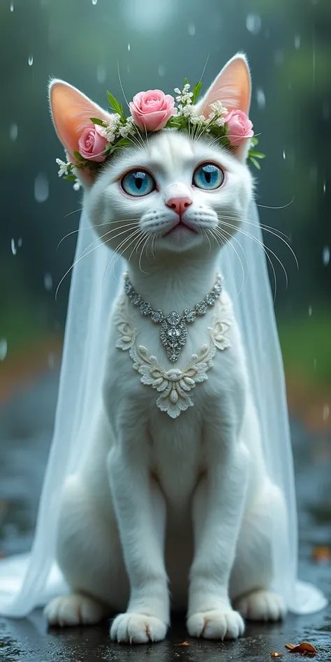  A tall white female cat cat with large, expressive blue eyes is wearing a wedding gown and veil, adorned with intricate lace details. A floral crown with pink roses and greenery rests on its head, complementing a diamond necklace. The cat appears emotiona...