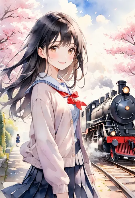 Staring into the distance with a smile、 Long sleeve shirt with a red ribbon、 pleated skirt、Cardigan with a school badge 、Black Loafers、  brown eyes、 black hair long hair、 medium bust 、Scenery of a steam locomotive running in the distance、cherry blossoms、 w...