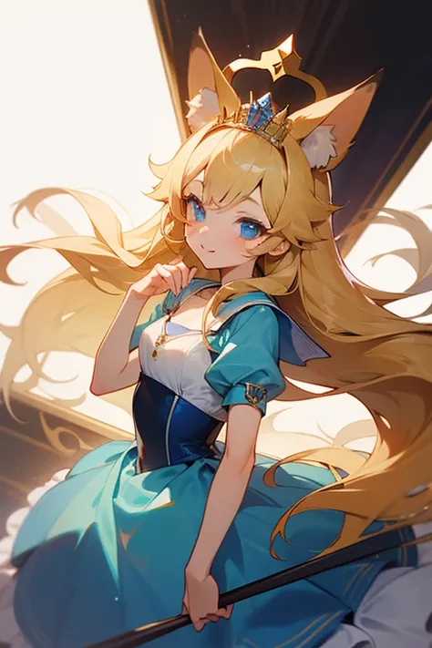  top quality,   super high resolution, (( cute middle school girl)),( small tits), fox ear、 Long Golden Hair, blue eyes、Cinderella、 tiara 