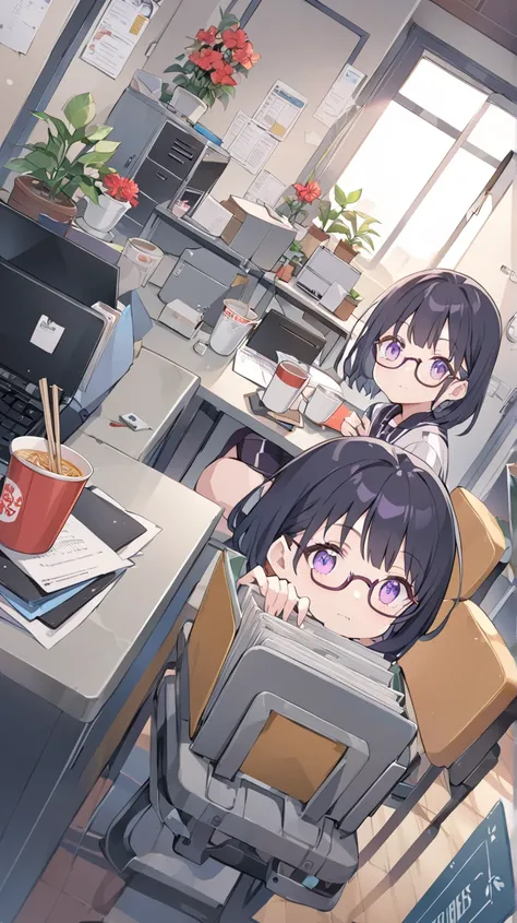  office、machine、chair、 computer、document、Red Flower、Houseplants、Trash、clock、Cup、 locker、 half-eaten cup noodles、chopsticks、 1 girl,  black hair、 purple eyes、Glasses、 medium hair,  Dutch angle, frame,  wide angle shot,  anime style、