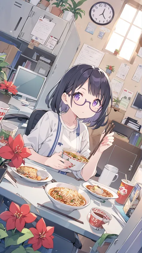  office、machine、chair、 computer、document、Red Flower、Houseplants、Trash、clock、Cup、 locker、 half-eaten cup noodles、chopsticks、 1 girl,  black hair、 purple eyes、Glasses、 medium hair,  Dutch angle, frame,  wide angle shot,  anime style、