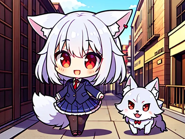 solo。 wolf girl。 Silver Hair。 red eyes。 shortcuts。 suit。 Tight Skirt。smile。My ears are falling。Walking around the city。evening