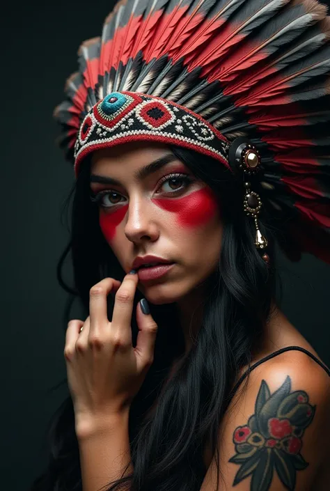 3/4 female face in black and gray, one hand near the mouth, a beautiful American Indian feather headdress, red paint under the eye,
for a tattoo on an upper arm