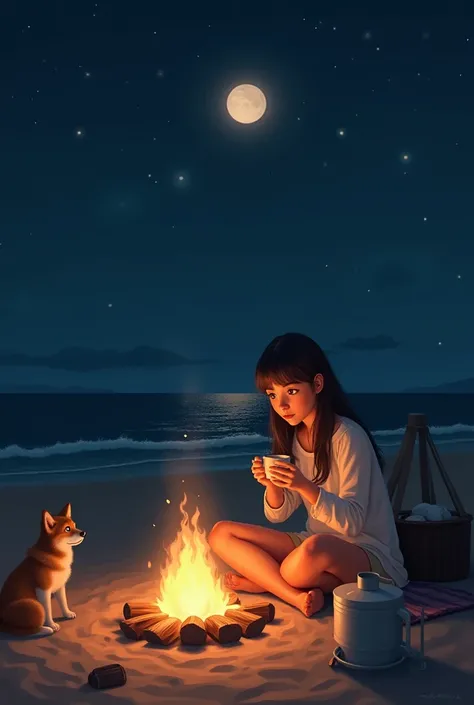 A girl sitting on the beach at night, there's an inggun fire in front of him, there is a dog,  he was drinking hot coffee, there was moonlight , good vibes, aesthetic 