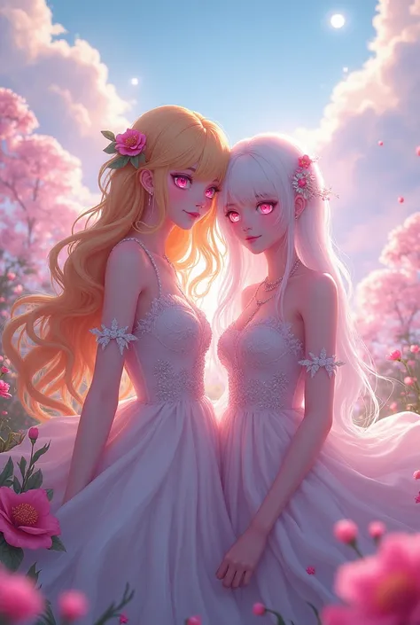 Two ladies, a blonde ,  a white hair ,  both have pink eyes, Anime Figure